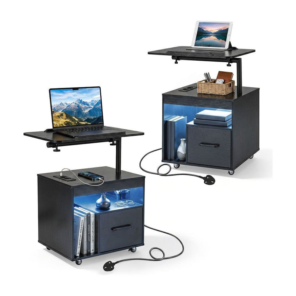 Set of 2 Nightstand with charging station and rotatable tabletop in black