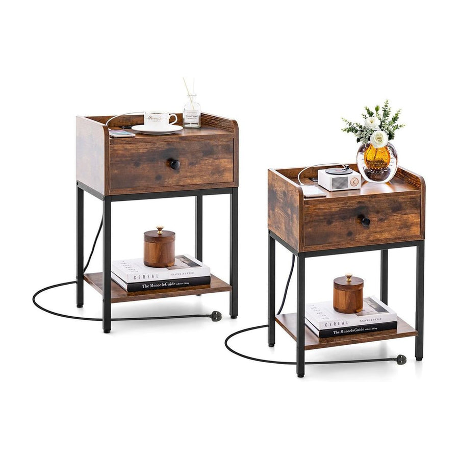Set of 2 Nightstand with Charging Station Storage Drawer and Open Shelf-Rustic Brown