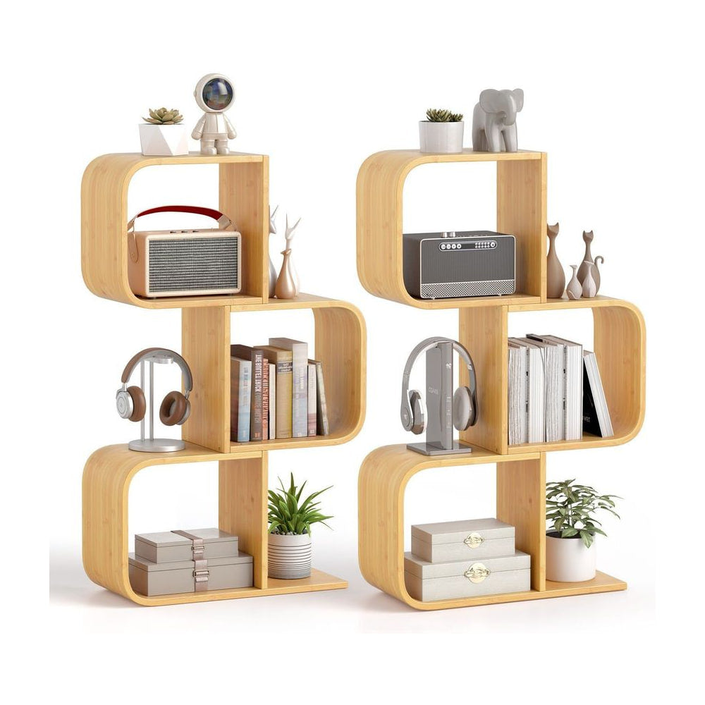 Set of 2 S-Shaped Bookcase Bamboo Bookshelf units filled with various decorative items and books