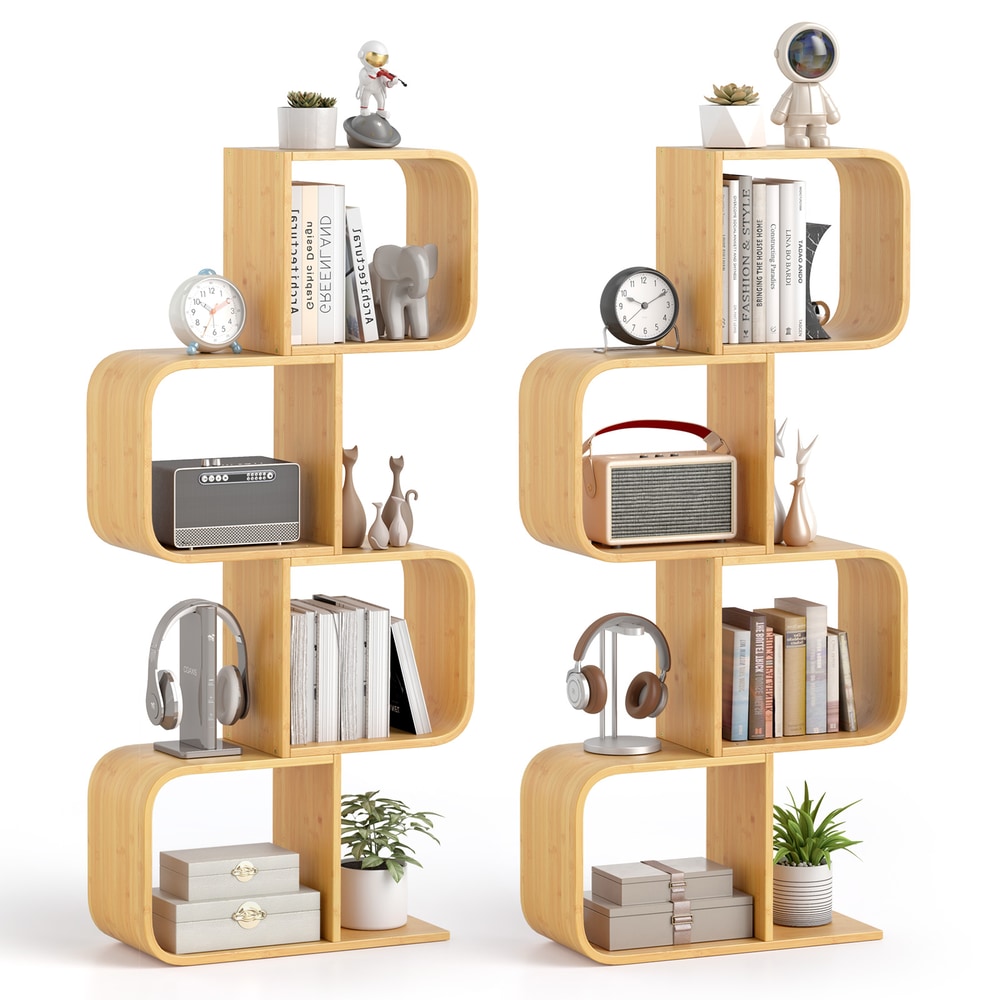 Set of 2 S-Shaped Bookcase Bamboo Bookshelf with two open cubes and four tiers