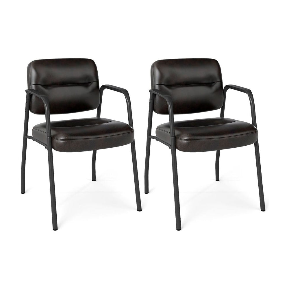 Set of 2 Waiting Room Chairs with dark brown padded seats and black metal frames on a white background
