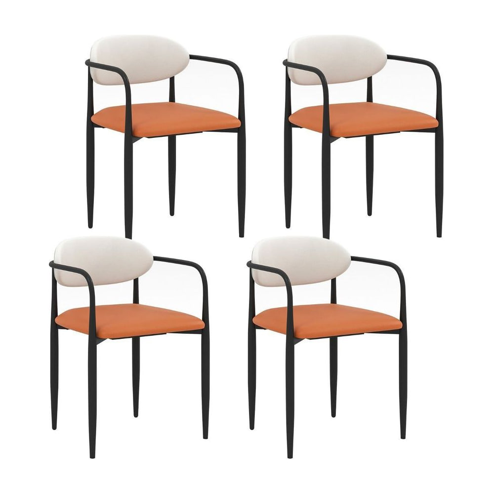 Set of 4 Modern Faux Leather Upholstered Dining Chairs with black metal frames and orange seats