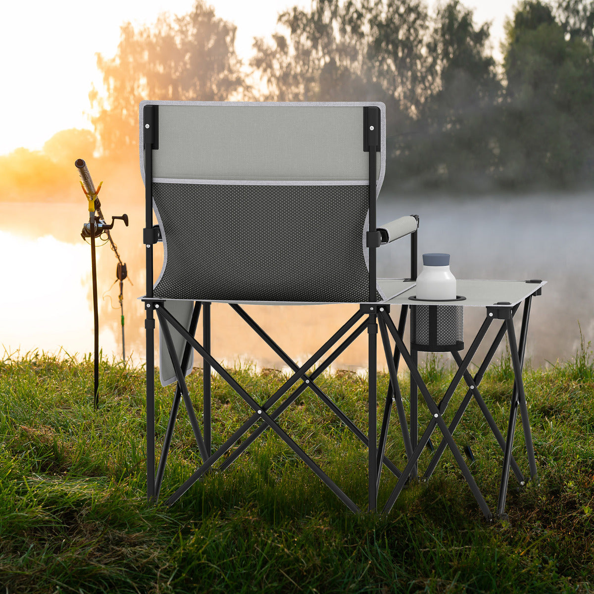 Set of 2 Oversized Camping Chair with Side Table and Storage Pockets-Grey