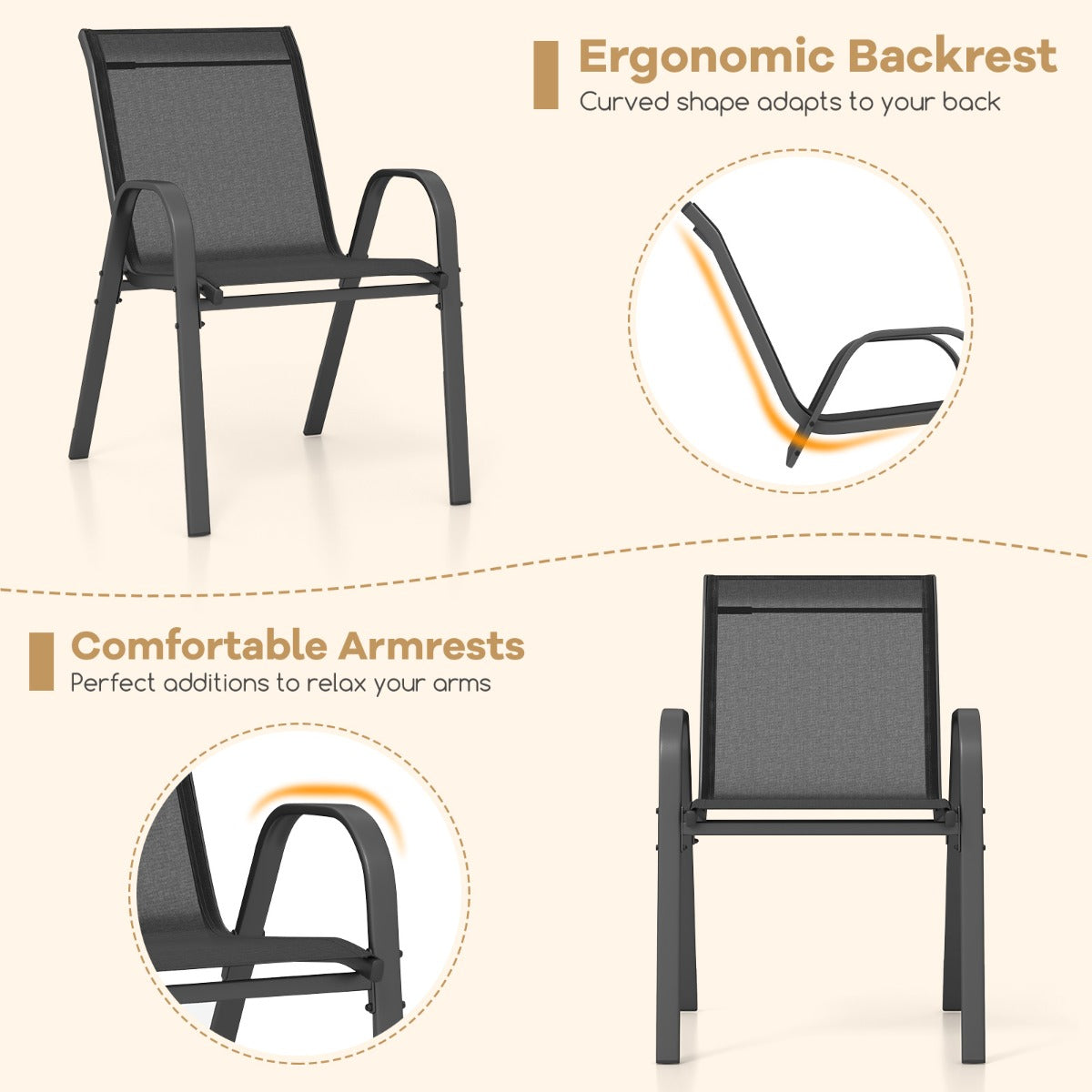 Set of 2 Patio Stackable Metal Dining Chairs with Armrests-Black