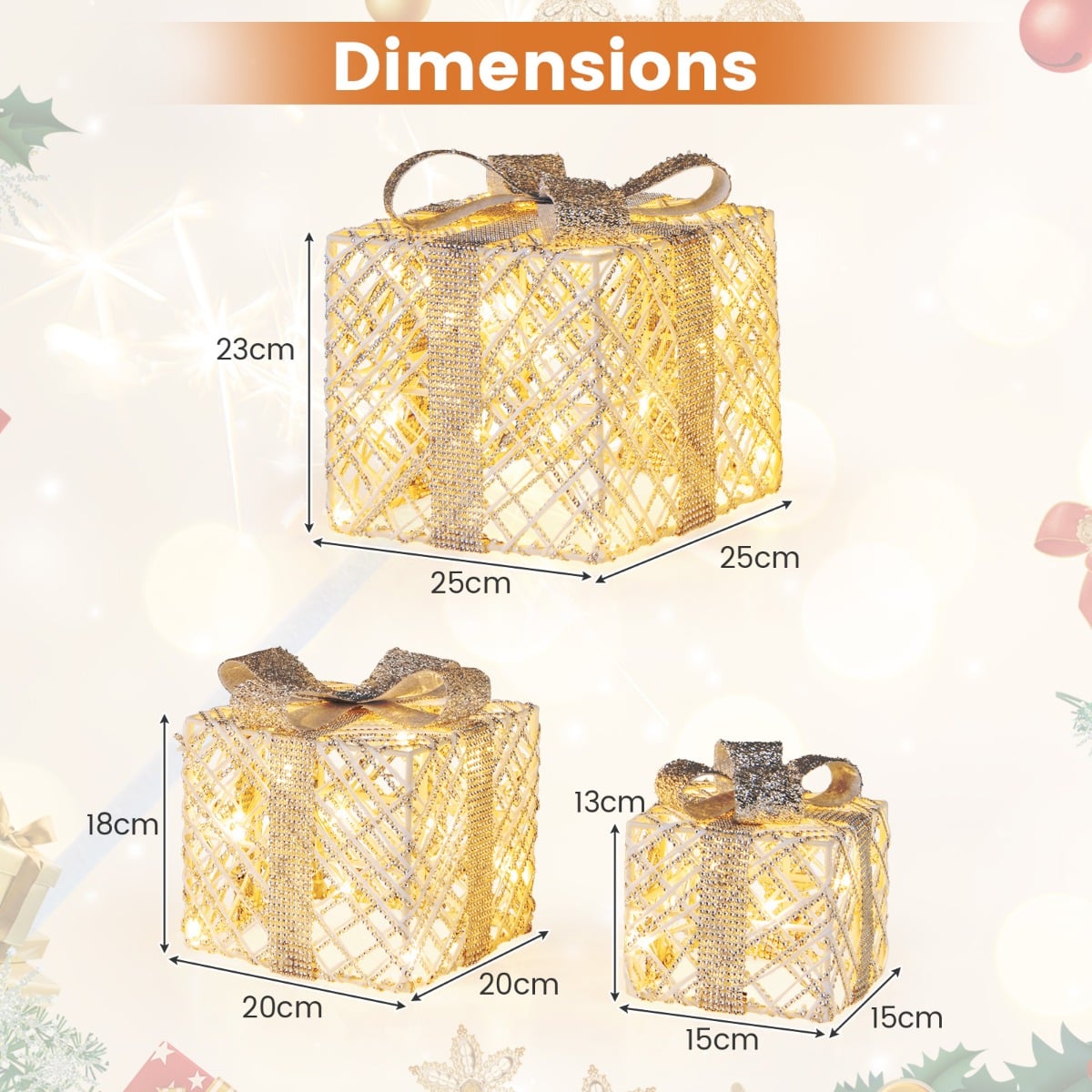 Set of 3 Christmas Lighted Gift Boxes with Bows and Ground Stakes
