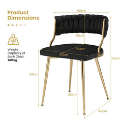 A single black velvet dining chair with gold metal legs shown with dimensions