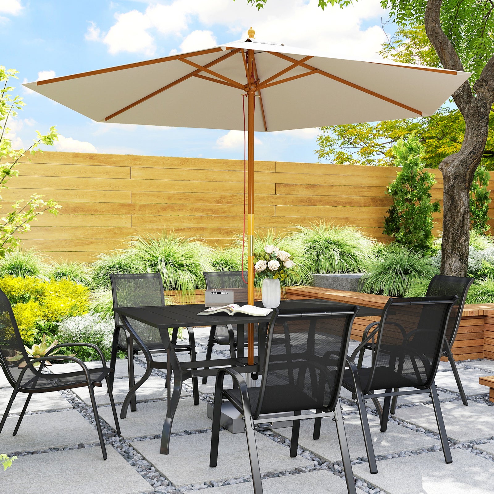 Outsunny Garden Dining Table with Parasol Hole, Patio Table with Steel Frame and Slat Tabletop, Black