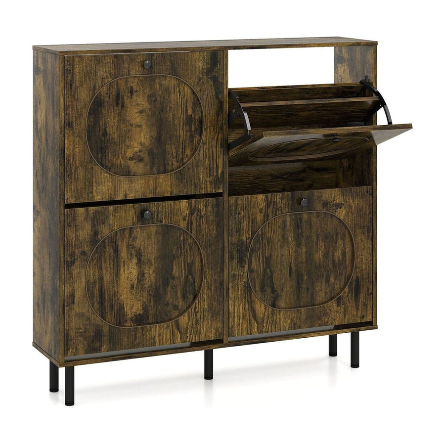 Shoe Storage Cabinet with 4 Flip Drawers for Entryway in rustic brown wood effect