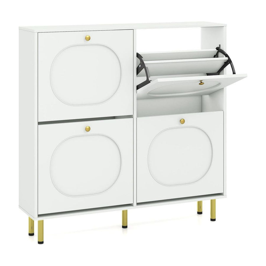 Shoe Storage Cabinet with 4 Flip Drawers for Entryway in white with gold legs