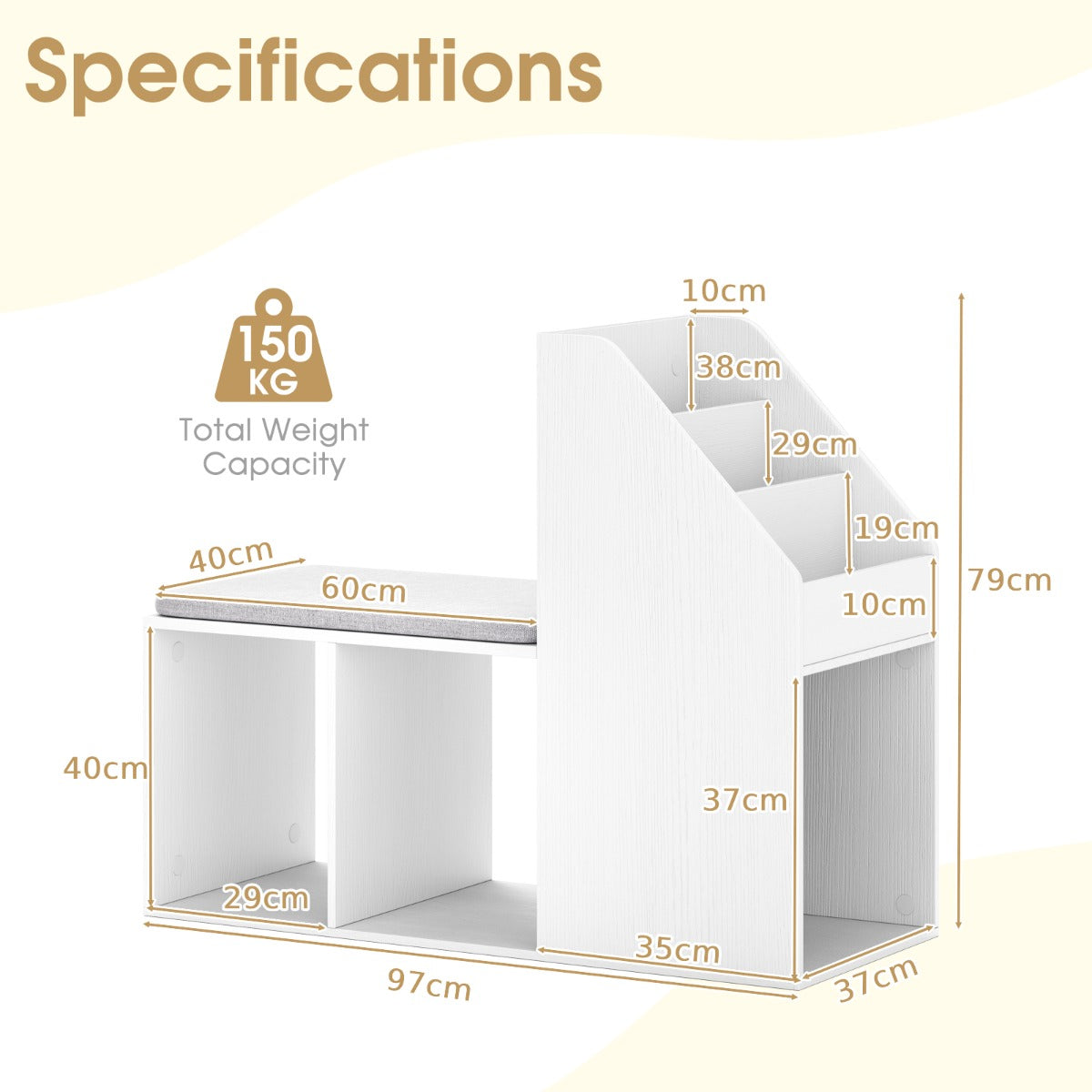 Shoe Storage Bench with 3-Tier Rack and Side Compartments-White