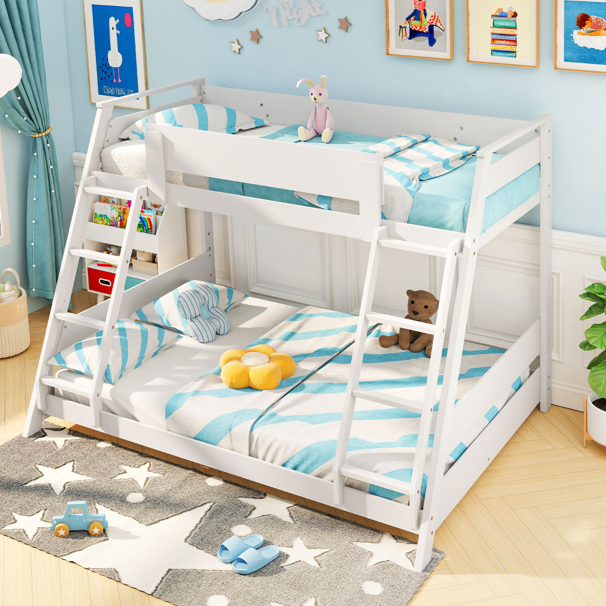 Single Over Double Bunk Bed with Ladders and Safety Guardrails-White