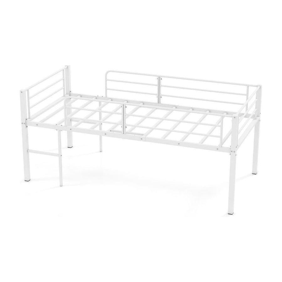 Single Size Low Loft Bed Metal Bed Frame with Safety Guardrails and 2 Ladders-White