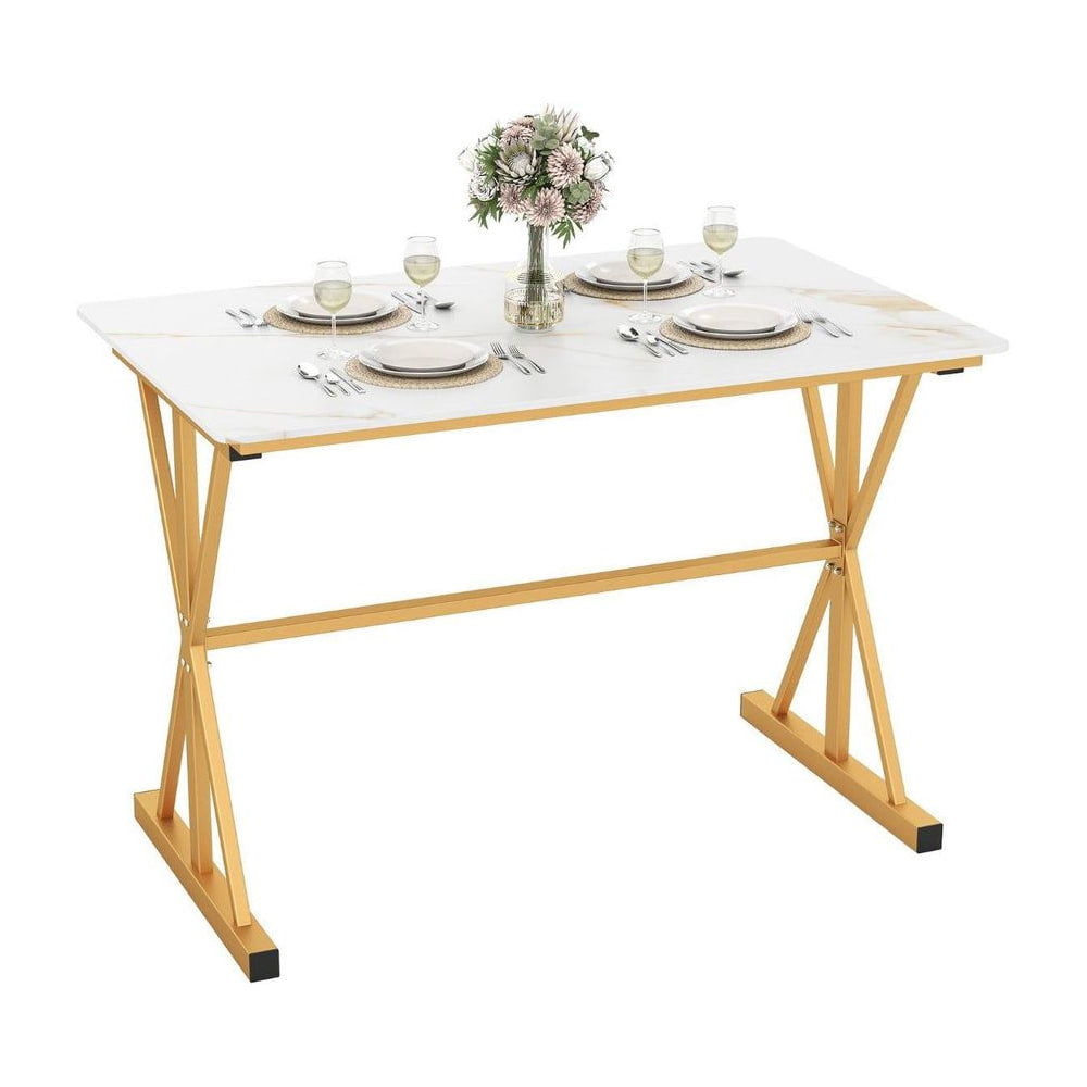 Sintered Stone Dining Table with Metal Frame set with plates and a flower vase on a white background