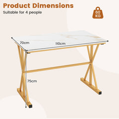 The dining table shown with arrows indicating its length, width and height for size reference
