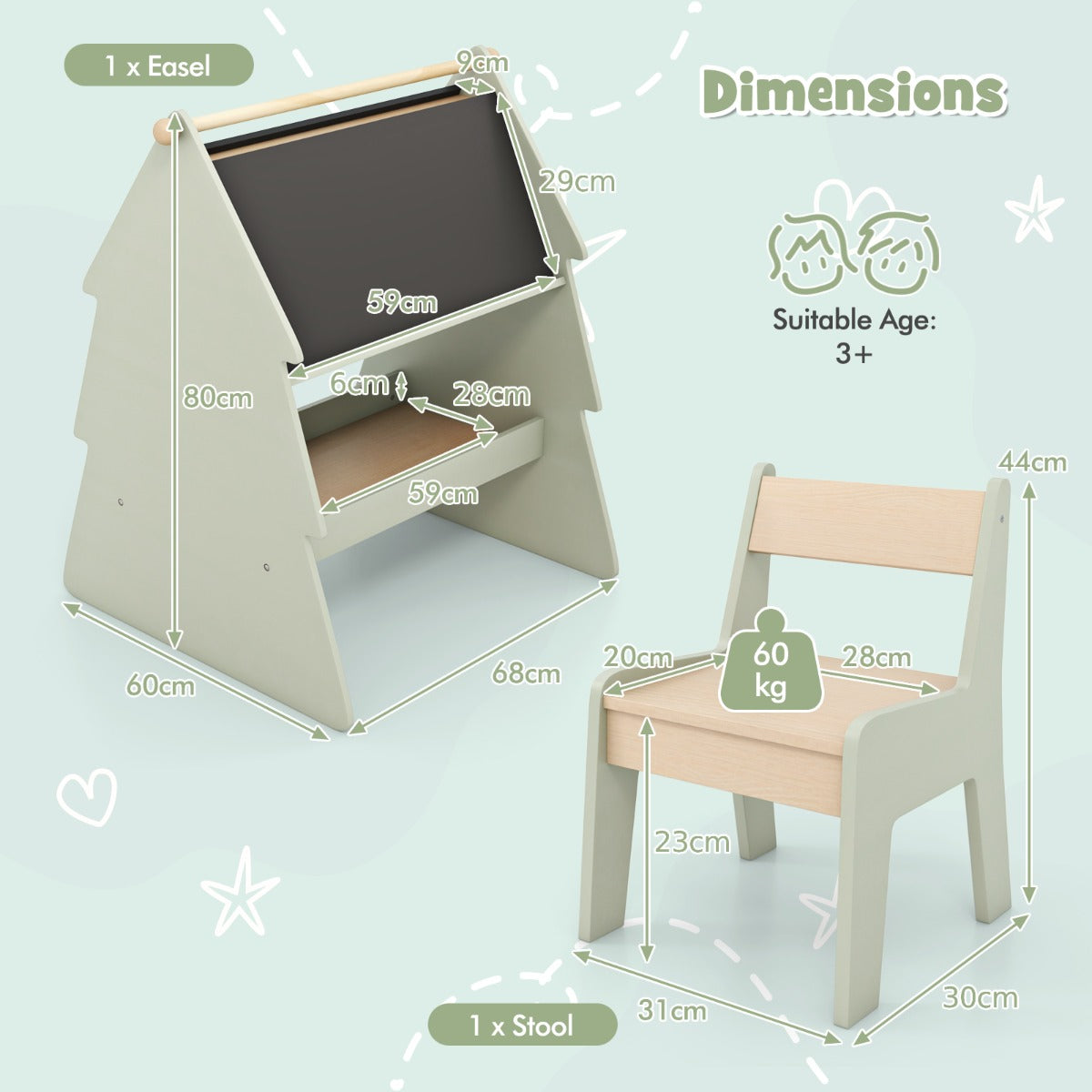 2-in-1 Double-sided Kids Art Easel with Stool and Paper Roll Holder-Green