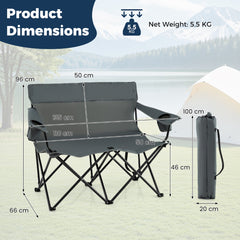 Double Camping Chair with Cup Holders and Carrying Bag-Grey