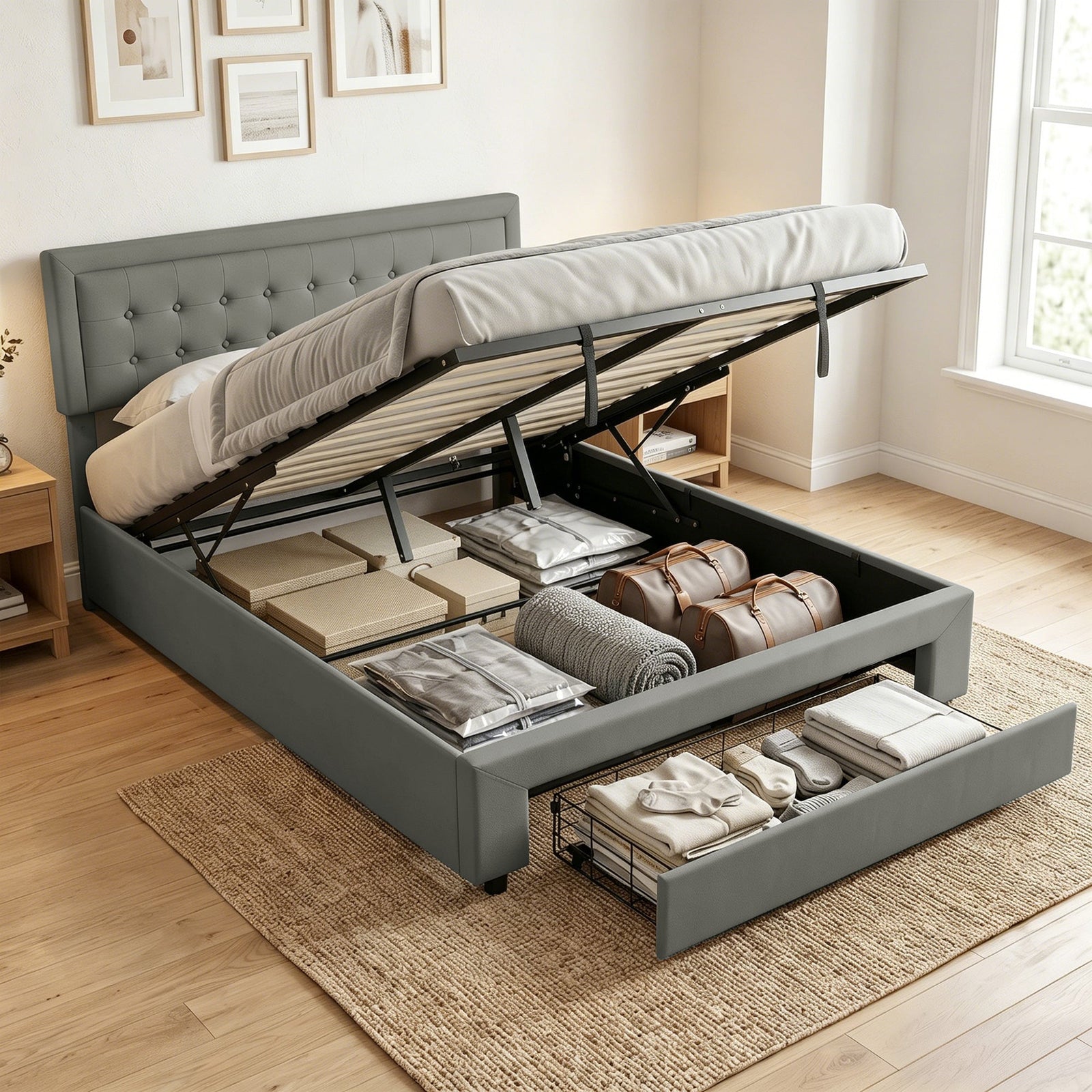 HOMCOM King Size Ottoman Bed Frame, with Front Drawer - Grey