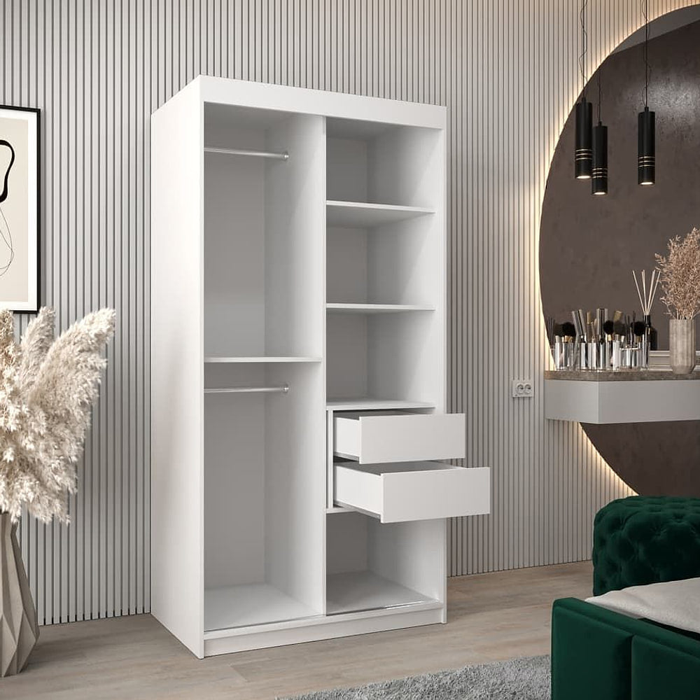 Open sliding door wardrobe with two drawers and shelves