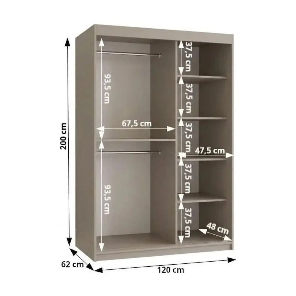 The sliding door wardrobe with dimensions shown in centimetres