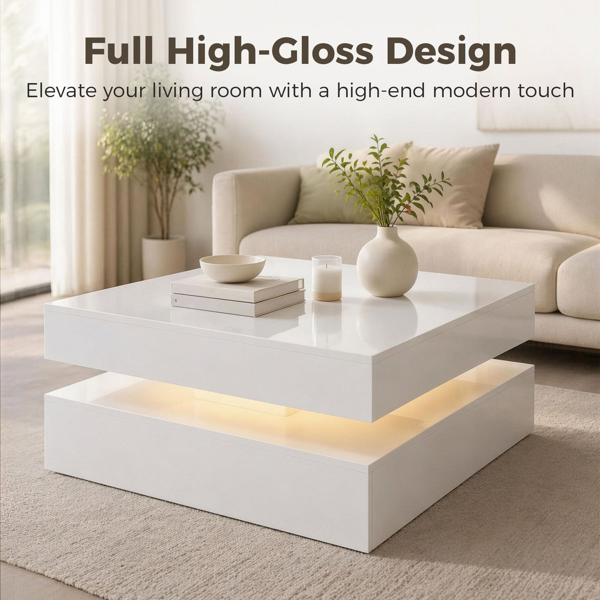 HOMCOM LED Coffee Table with Storage, 2-Tier Modern Centre Table with Open Shelf and Remote for Living Room, High Gloss White