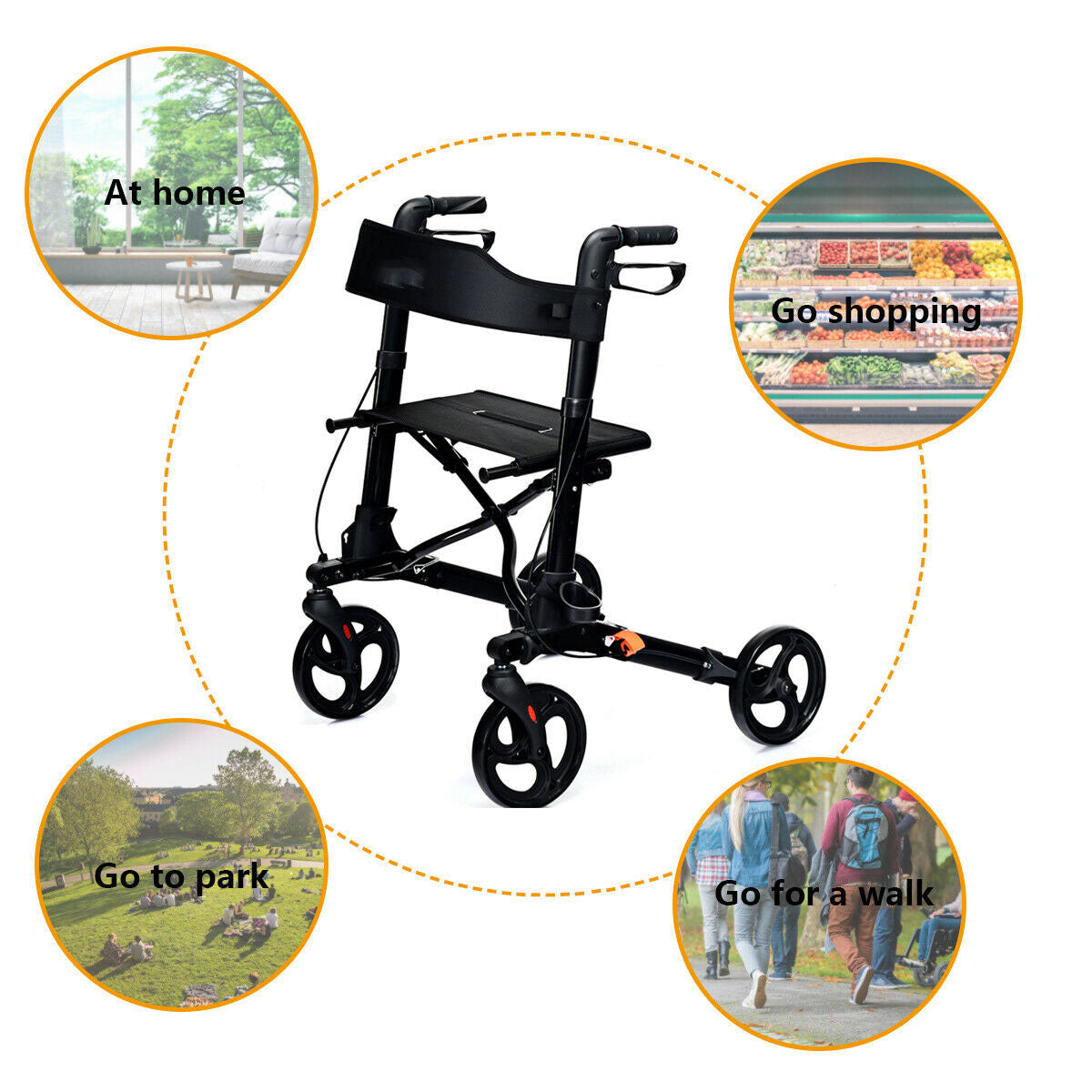 Foldable Rollator Mobility Aid with Bag-Black