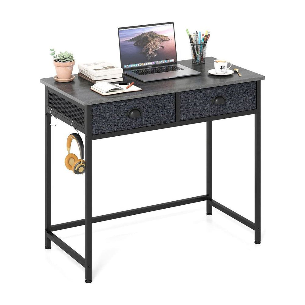Space Saving Computer Desk with 2 Fabric Drawers shown on a white background with a laptop