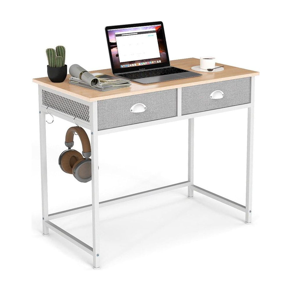 Space Saving Computer Desk with 2 Fabric Drawers in Natural