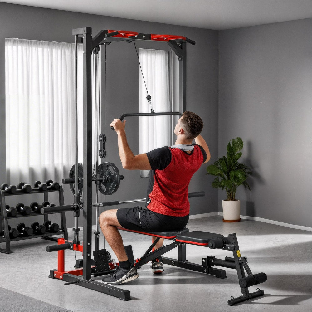 The power tower being used by a man performing a lat pull down exercise on a gym bench