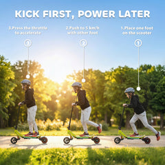 Three stages of a child starting the green electric scooter, showing how to kick and power