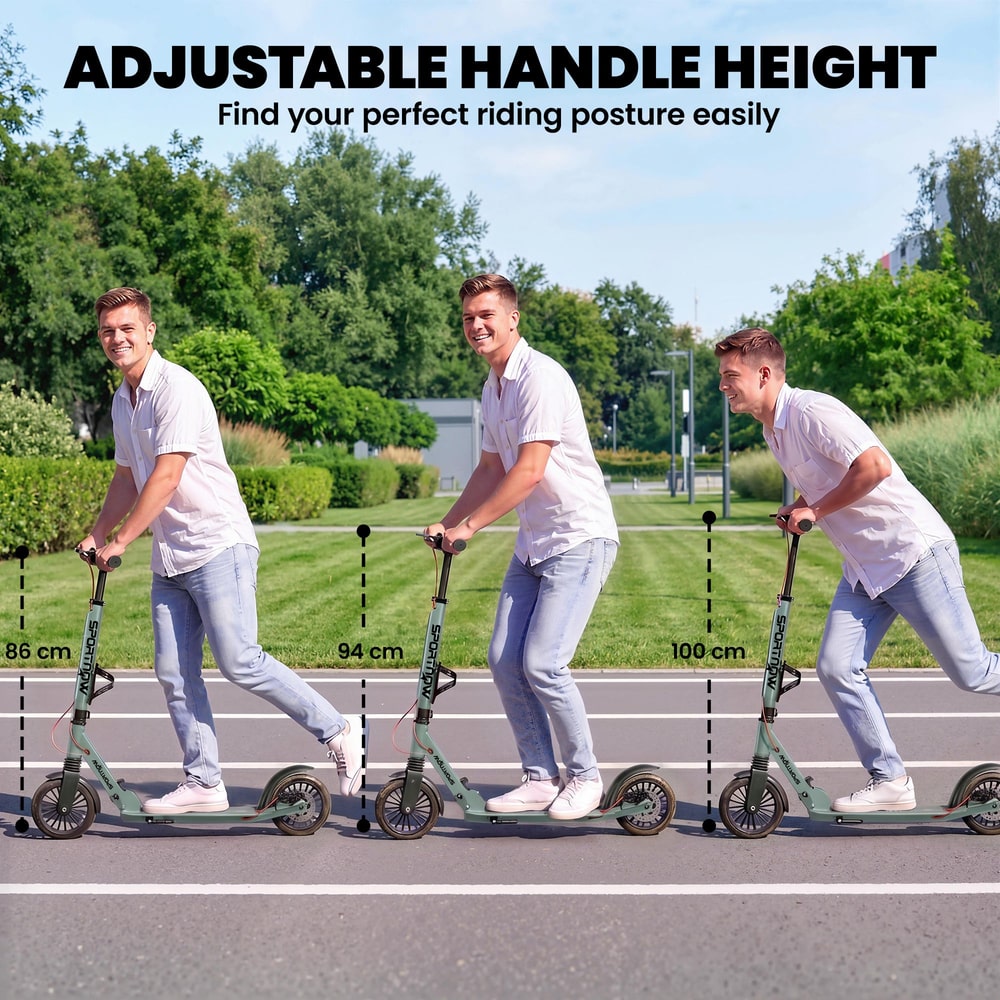 Three men demonstrate the adjustable handlebar height of the foldable kick scooter