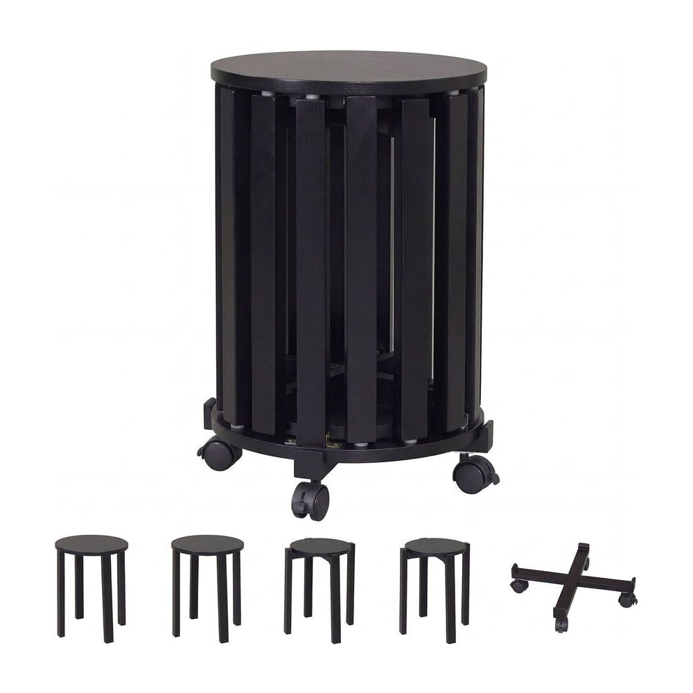 Stackable Stools Set of 4 shown as a nested unit with a separate rolling base and four stools