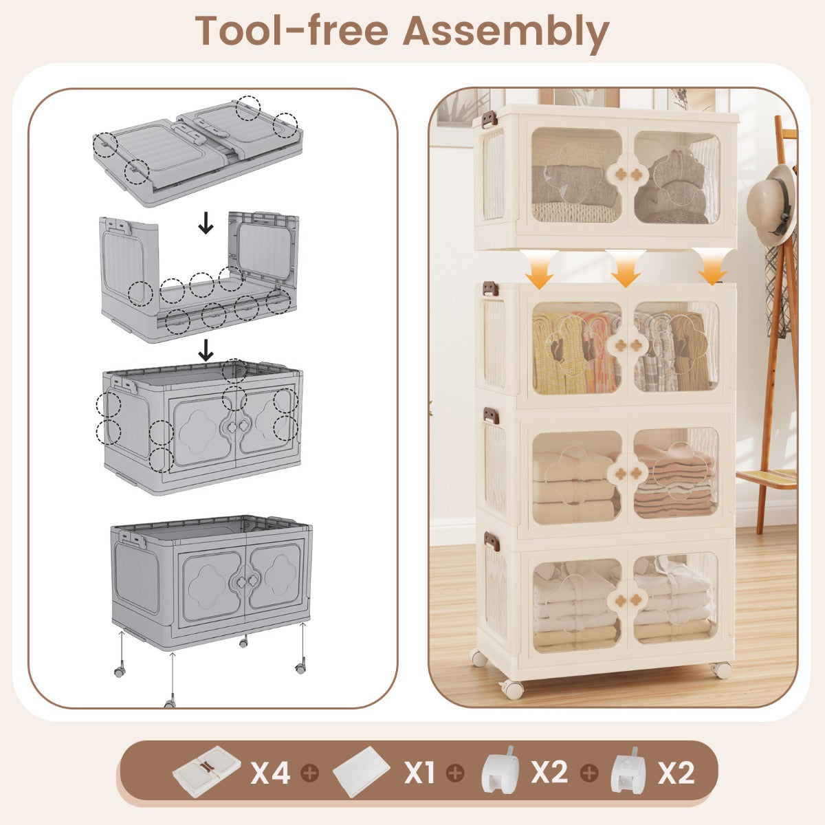 Stackable Storage Containers with Wheels and Lit-White-4-Tier