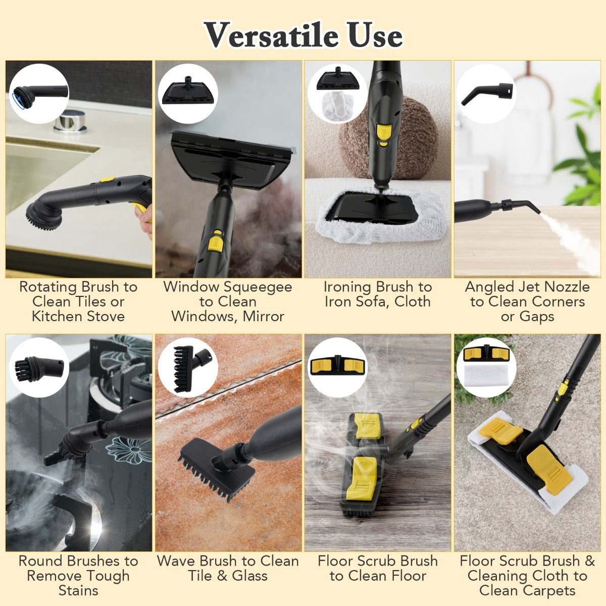 Collage of different cleaning tasks using the steam cleaner attachments