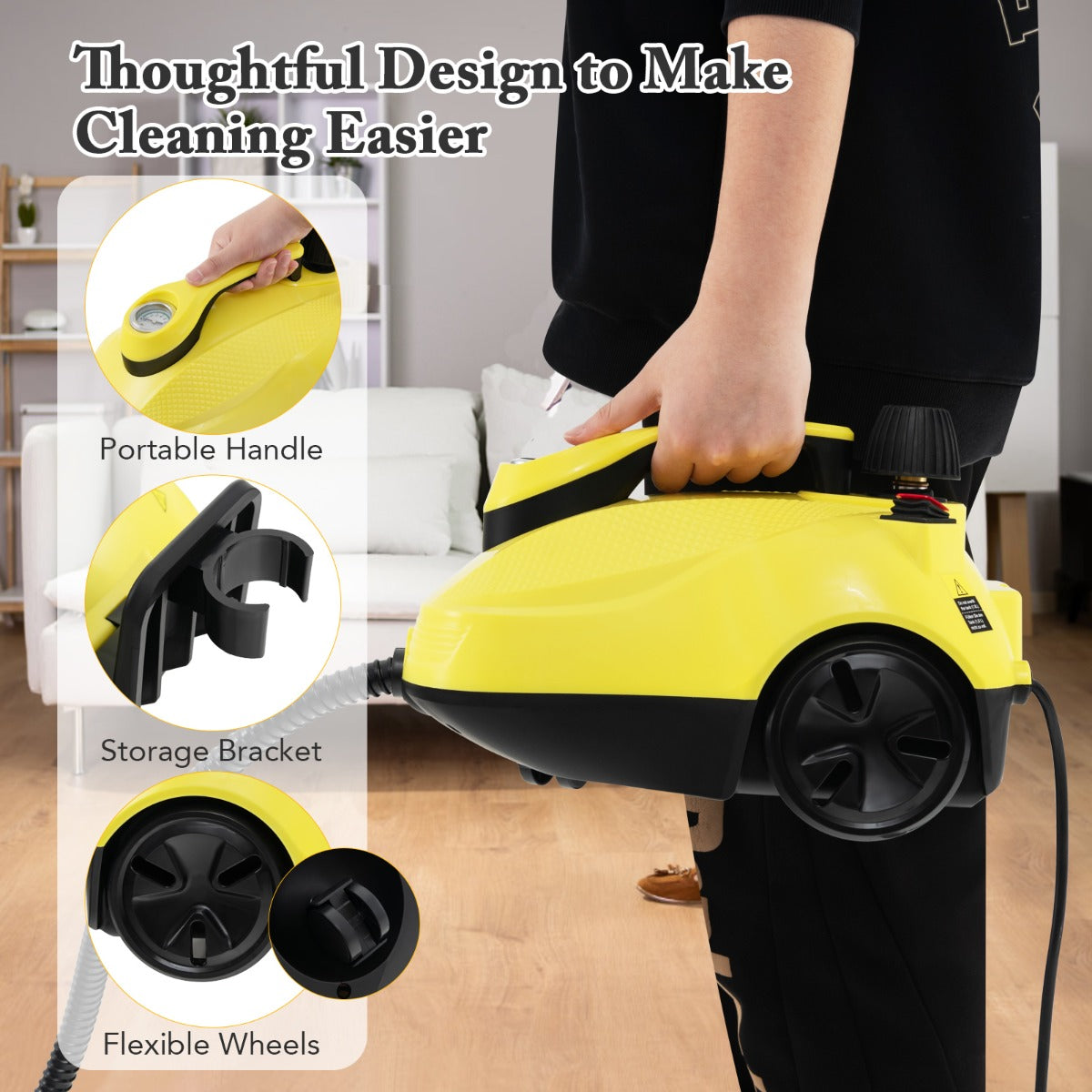 Close up of the yellow steam cleaner showing portable handle and wheels