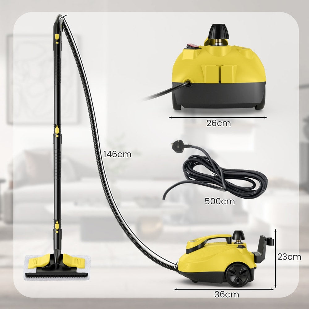 Yellow steam cleaner with dimensions shown for height, width, and cord length