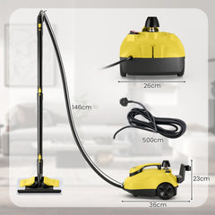 Yellow steam cleaner with dimensions shown for height, width, and cord length