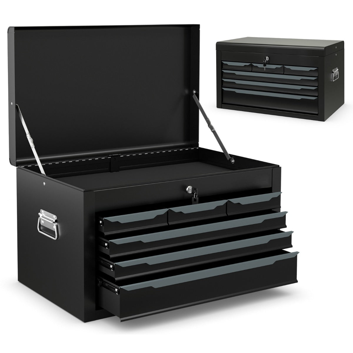 Steel Tool Box Chest Case with 6 Drawers Top Storage Automatic Lock-Black