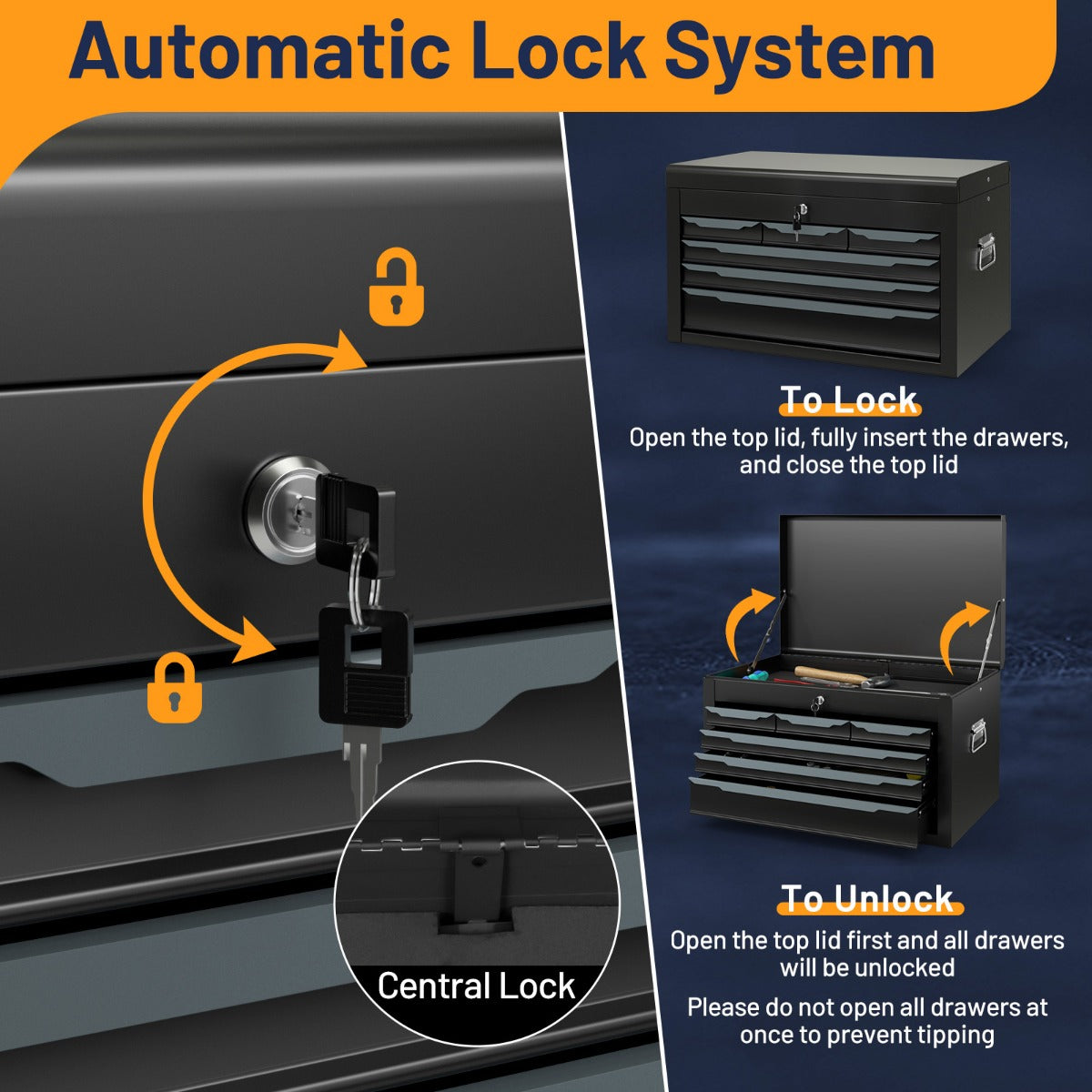 Steel Tool Box Chest Case with 6 Drawers Top Storage Automatic Lock-Black