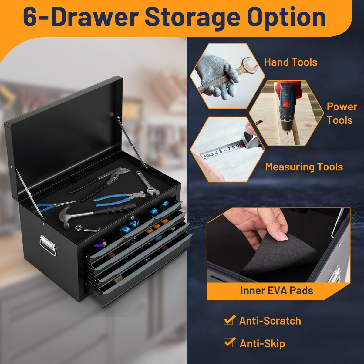 Steel Tool Box Chest Case with 6 Drawers Top Storage Automatic Lock-Black