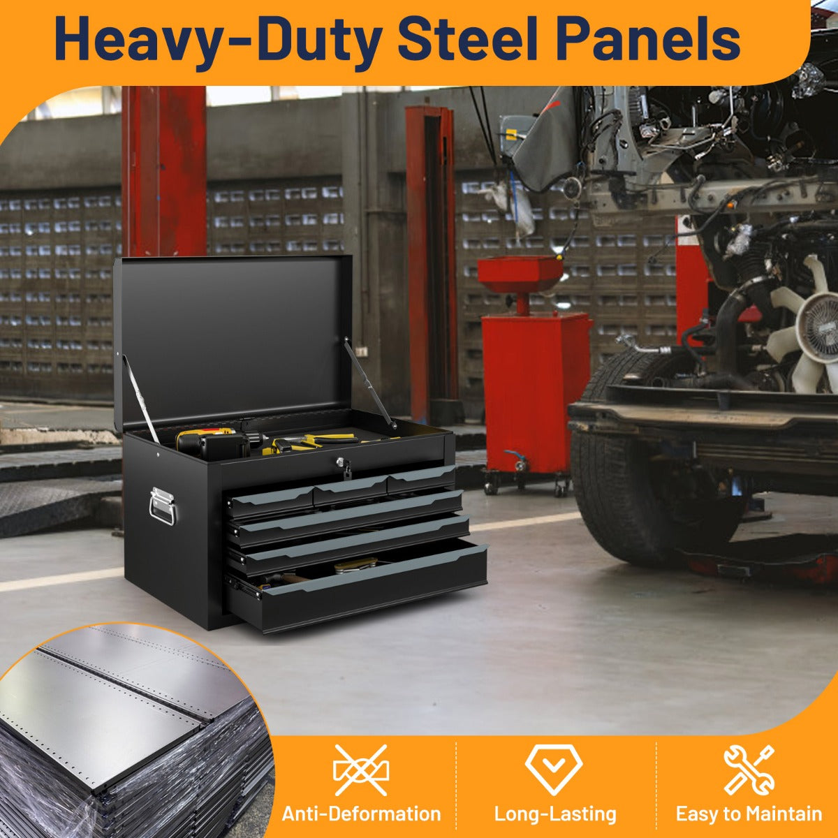 Steel Tool Box Chest Case with 6 Drawers Top Storage Automatic Lock-Black
