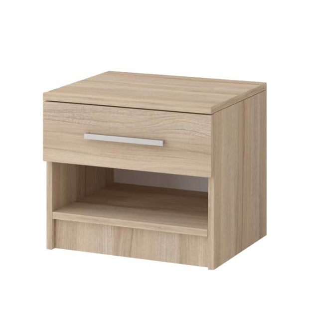 Wooden nightstand with a drawer and open shelf on a white background