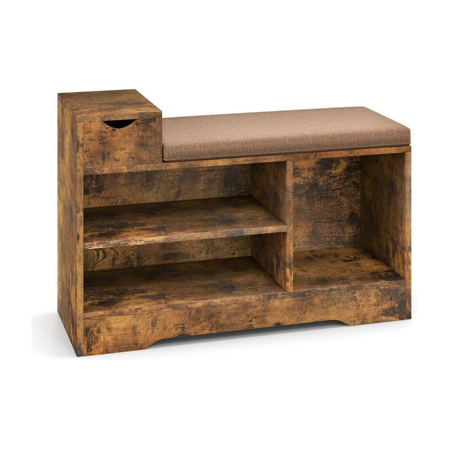 Storage Shoe Bench with Removable Cushion showing the open shelves and the small drawer on the left