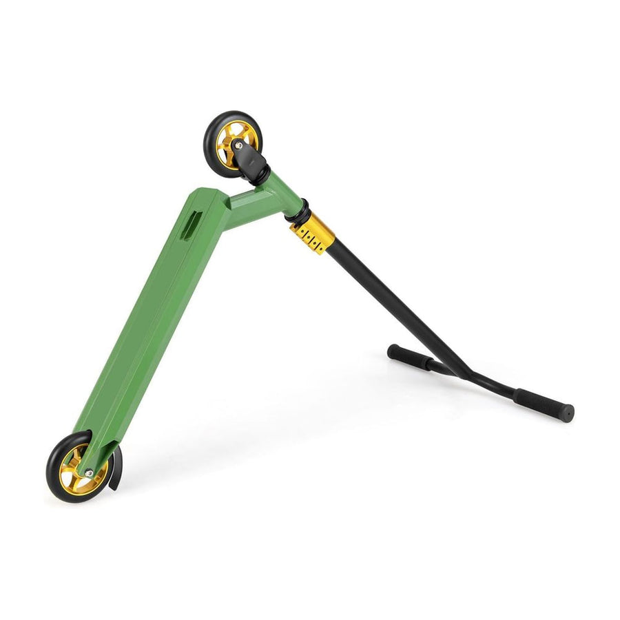 Stunt Scooter Pro Trick Scooter with 2 PU Wheels for Kids-Green, shown from the side with handlebars folded down