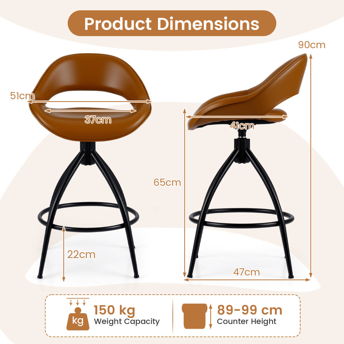 Swivel Bar Stools Set of 2 Counter Height Barstools with Backrest and Footrest-Brown