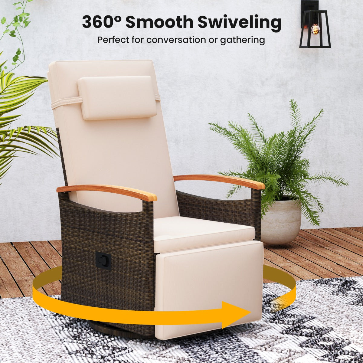 Outdoor 360° Swivel Rattan Recliner Chair with Adjustable Backrest and Footrest-Brown