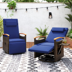 Outdoor 360° Swivel Rattan Recliner Chair with Adjustable Backrest and Footrest-Navy