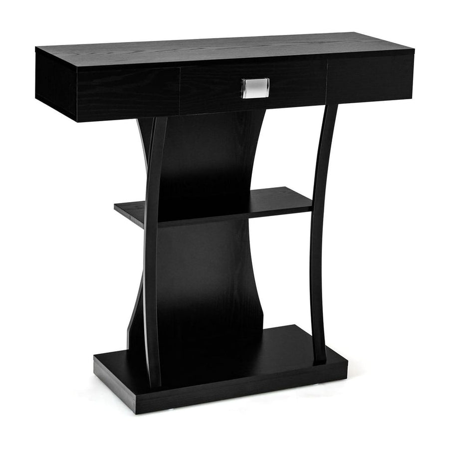 T-Shaped Console Table for Small Space in black with a drawer and two shelves