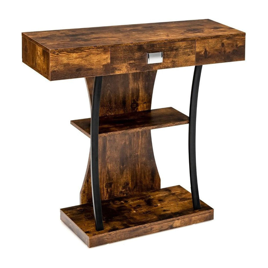 T-Shaped Console Table for Small Space-Brown with a drawer and two shelves