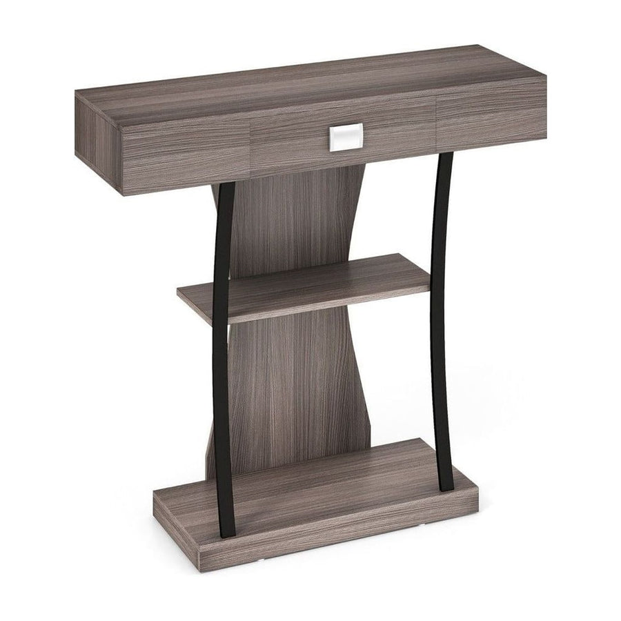 T-Shaped Console Table for Small Space in grey with a single drawer and two open storage shelves