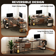 HOMCOM 168cm Reversible L Shaped Desk, Industrial Corner Computer Desk with Adjustable Shelf and Storage Bag, 240cm 2 Person PC Table with Monitor Stand, Rustic Brown